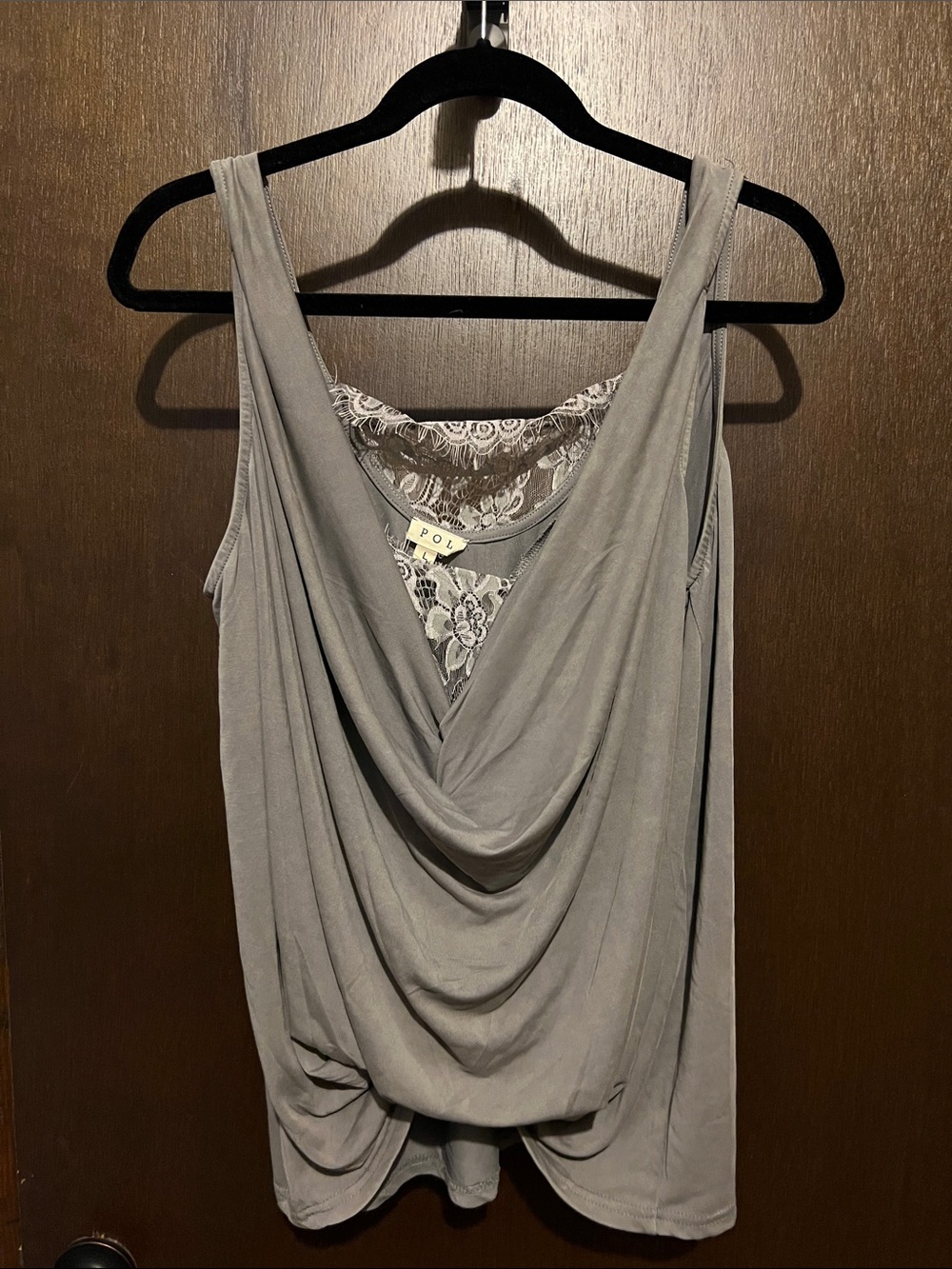 POL Draped Lace-Back Tank Top in Gray